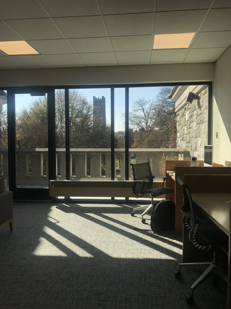 3rd floor lounge in McCabe looking out over the balcony to Parrish lawn and Clothier Tower